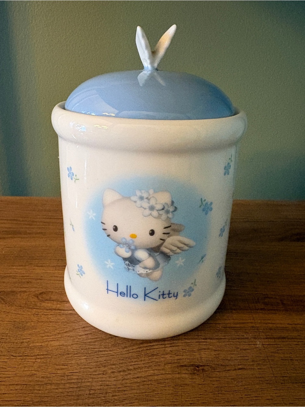 RARE Vintage 2000 Sanrio Hello Kitty Blue Angel Ceramic Jar / Canister - MINT